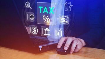 Business using computer to complete Individual income tax return form online for tax payment. Government, state taxes. Data analysis, paperwork, financial research, Calculation tax return. photo