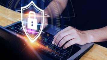 Computer network protection, secure and safe your data concept, businessman holding shield protection icon, Security shield Lock Security Businessman Protect Concept photo