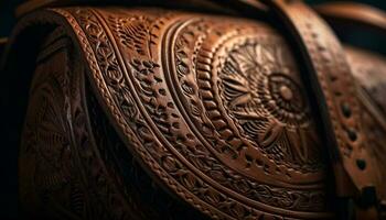 Leather saddle, ornate embroidery, rustic background, elegant generated by AI photo