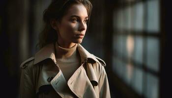 One young woman, confident and fashionable, standing outdoors in autumn generated by AI photo