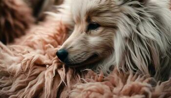 Fluffy Shetland Sheepdog puppy, a cute and pampered pet indoors generated by AI photo