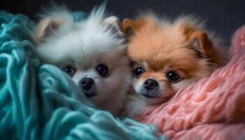 Cute Pomeranian puppy sitting for a playful studio portrait image generated by AI photo