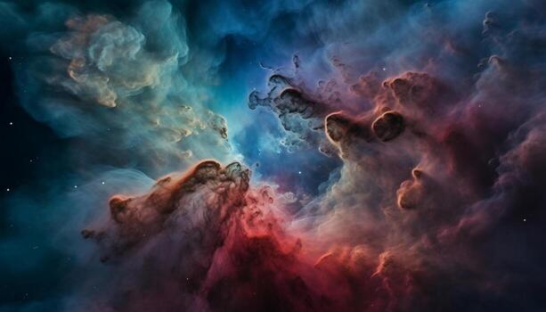 Night sky explodes with abstract nebula patterns in multi colored backdrop generated by AI photo