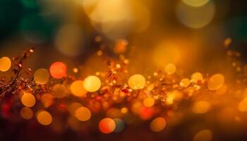 Golden Christmas tree glows softly in defocused winter backdrop generated by AI photo