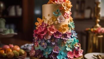 Elegant wedding cake with ornate decoration, fresh flowers, and indulgent chocolate generated by AI photo