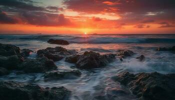 Dramatic sky meets tranquil seascape, a heavenly travel destination generated by AI photo