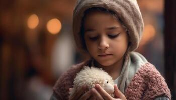 A cheerful child playing outdoors in warm winter clothing, happiness abound generated by AI photo