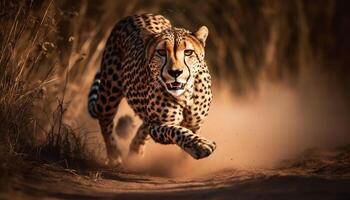 Majestic cheetah walks the savannah, a beauty in nature generated by AI photo