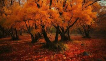 The vibrant maple tree illuminates the tranquil autumn forest generated by AI photo