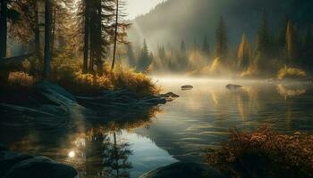 Tranquil autumn sunrise, mountain reflection in wet pond, serene beauty generated by AI photo