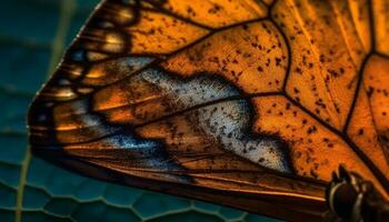 Vibrant autumn leaf veins create organic pattern on blue backdrop generated by AI photo