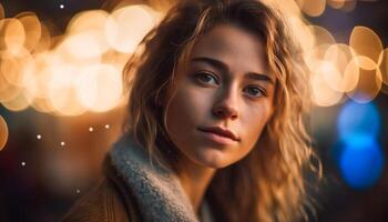 One young woman, illuminated outdoors, smiling with confidence and joy generated by AI photo