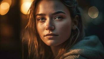 One young adult woman, outdoors, looking at camera, smiling confidently generated by AI photo