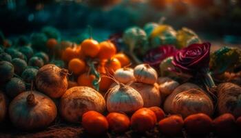 Fresh organic pumpkin and ripe tomato decorate autumn table outdoors generated by AI photo