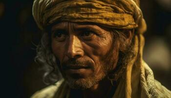 envejecimiento con turbante hombre sonrisas tranquilamente, encarnando indio espiritualidad y cultura generado por ai foto