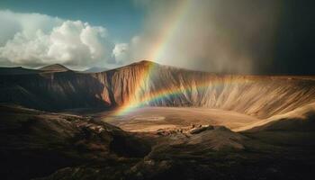 el majestuoso montaña pico estalla con vapor en un fantasía generado por ai foto