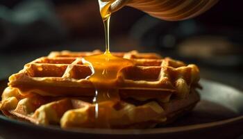 Organic Belgian waffle with homemade syrup and fresh fruit toppings generated by AI photo