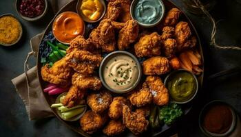Deep fried buffalo chicken wings with savory sauce, a pub favorite generated by AI photo