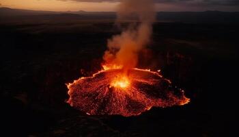 The erupting volcano spews glowing lava, smoke, and pyroclastic flow generated by AI photo