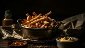 A rustic basket of homemade fried appetizers, stacked high with meat, generated by AI photo