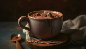 caliente chocolate con oscuro cacao Fruta y espumoso crema refresco generado por ai foto