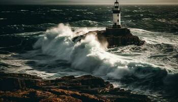 The beacon guidance warns of danger on the rocky coastline generated by AI photo