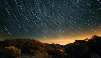 Tranquil scene of glowing Milky Way illuminates mountain range silhouette generated by AI photo