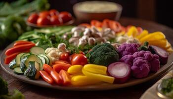 Fresco y sano vegetariano ensalada con multi de colores vegetales en madera generado por ai foto