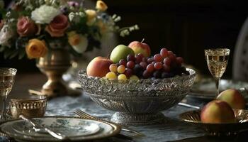 A rustic still life arrangement of fruit, wine, and crockery generated by AI photo