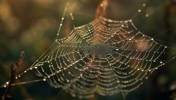 Spider web glistens with dew drops in autumn forest meadow generated by AI photo