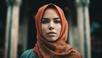 One young woman, wearing a religious veil, looking at camera generated by AI photo