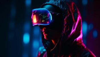 One young adult woman, wearing ski goggles, looks outdoors illuminated generated by AI photo