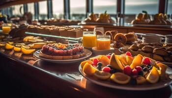 un gastrónomo postre plato con Fresco Fruta y horneado Pastelería generado por ai foto