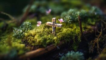 Cross on tree branch symbolizes spirituality in tranquil forest environment generated by AI photo