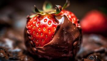 indulgente chocolate sumergido fresa postre en rústico de madera plato generado por ai foto