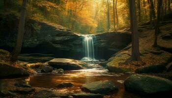 tranquilo escena de fluido agua en otoño bosque, majestuoso belleza generado por ai foto