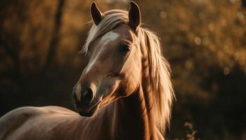 Stallion mane glows in sunset, grazing in tranquil meadow generated by AI photo