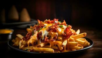 Grilled beef and pork sandwich with French fries and guacamole generated by AI photo