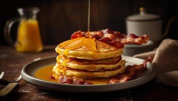 A stack of fluffy pancakes with bacon and honey syrup generated by AI photo