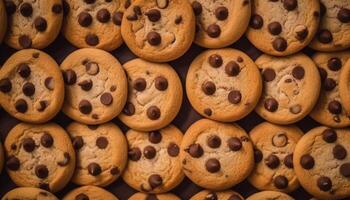 A tempting collection of homemade chocolate chip cookies on wood generated by AI photo