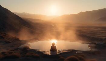 One person meditating on mountain peak, reflecting on spirituality generated by AI photo