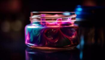 A multi colored cocktail in a drinking glass illuminates the night generated by AI photo