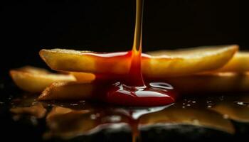Juicy lemon slice drops into sweet honey syrup, refreshing drink generated by AI photo