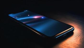 Modern smart phone on dark table, illuminated by blue backlight generated by AI photo