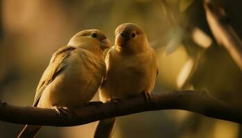 Two cute yellow birds perching on branch, looking at each other generated by AI photo