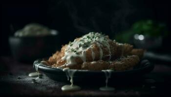 Grilled beef with fresh vegetable and herb sauce on rustic plate generated by AI photo