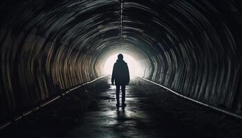 un escalofriante silueta caminando solo en el subterráneo túnel generado por ai foto