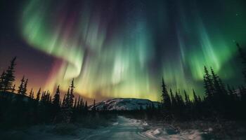 Silhouette of pine tree illuminated by star trail in arctic generated by AI photo