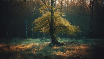 A foggy autumn forest, tranquil scene, mystery in the air generated by AI photo