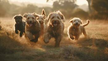 Playful terrier puppy jumps for joy in autumn forest meadow generated by AI photo